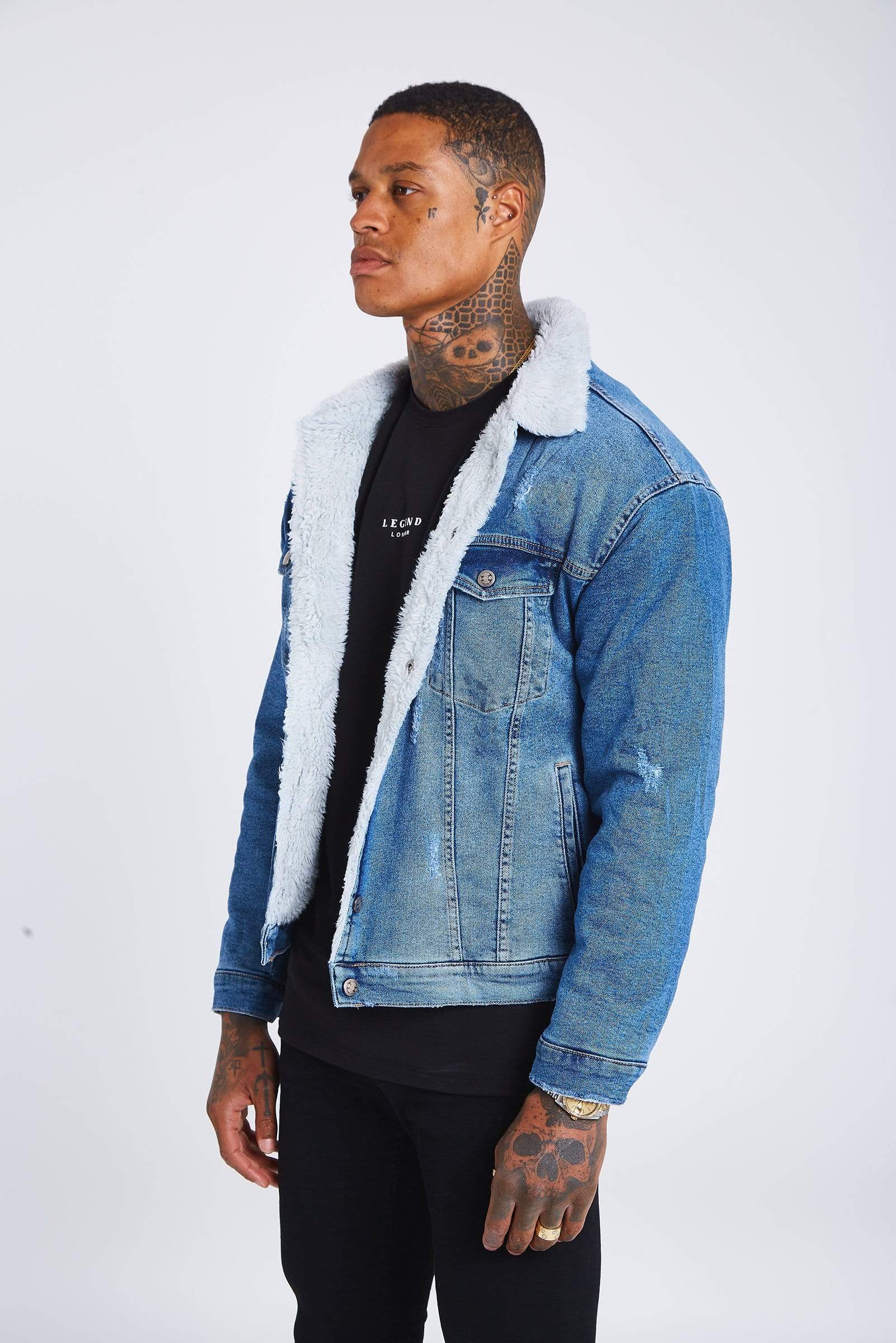Blue Wash Denim Jacket with Borg Collar – legendlondon-eu