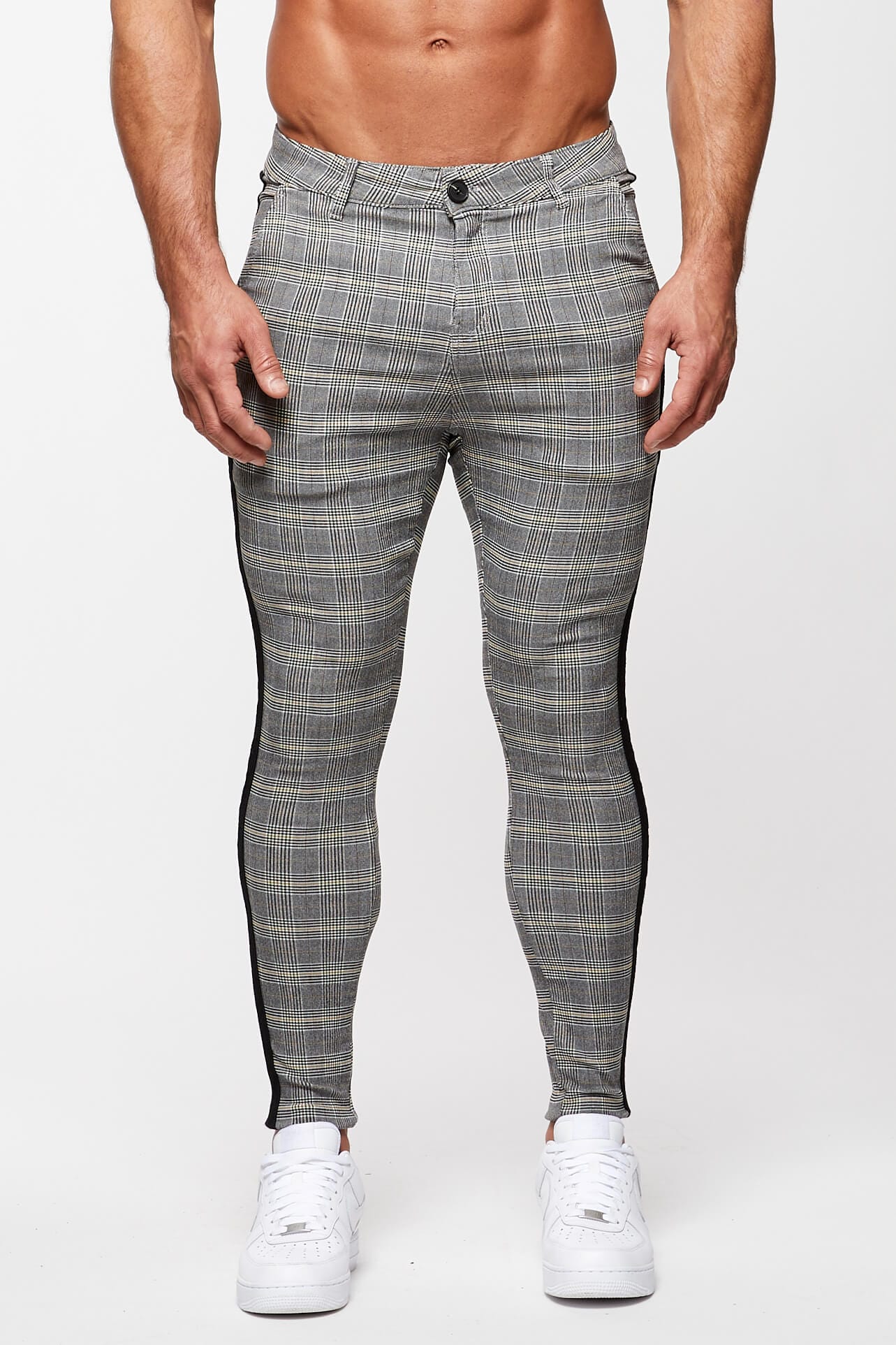 Plaid pants with side hot sale stripe