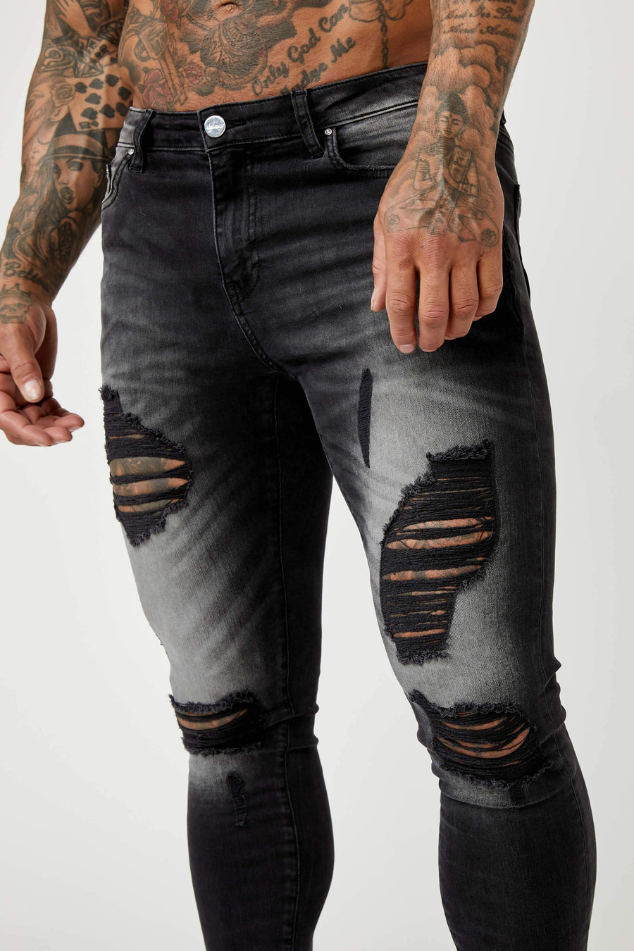 Legend London Jeans PREMIUM SPRAY-ON FIT JEANS - GREY WASHED RIPPED & REPAIRED