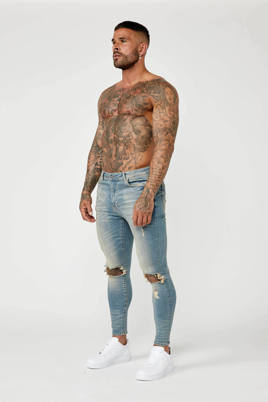 Legend London Jeans PREMIUM SPRAY-ON FIT JEANS - STONE WASH DESTROYED KNEE