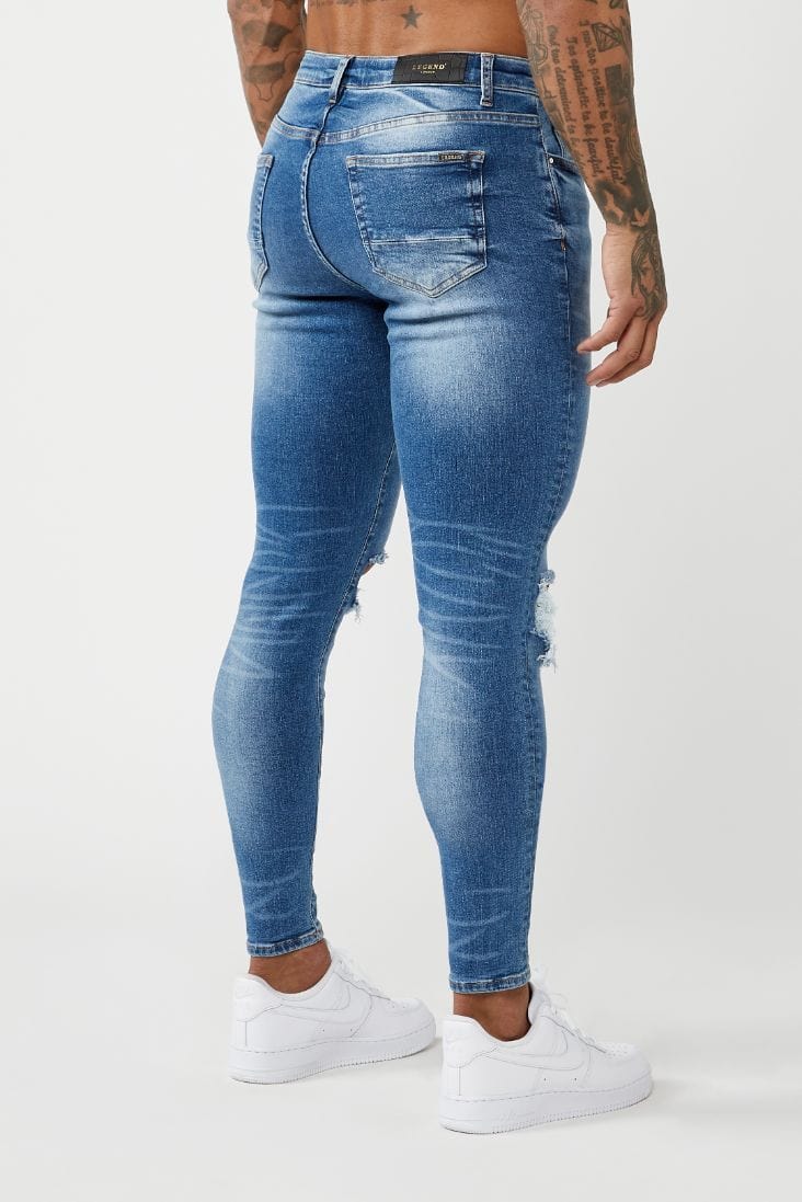 Legend London Jeans PREMIUM SPRAY-ON FIT - MID BLUE WASH DESTROYED KNEE