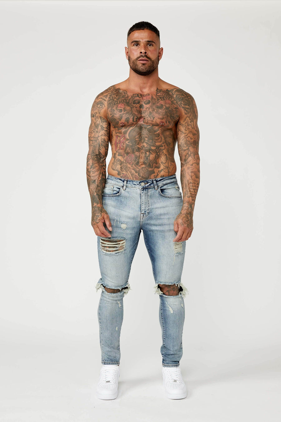 Legend London Jeans SKINNY FIT JEANS - MID BLUE RIPPED & REPAIRED
