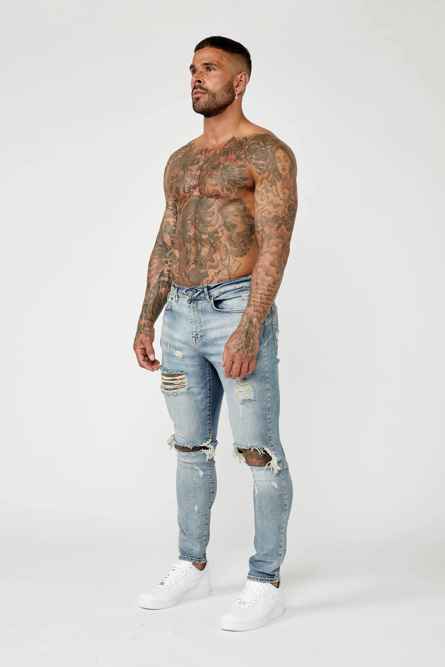 Legend London Jeans SKINNY FIT JEANS - MID BLUE RIPPED & REPAIRED