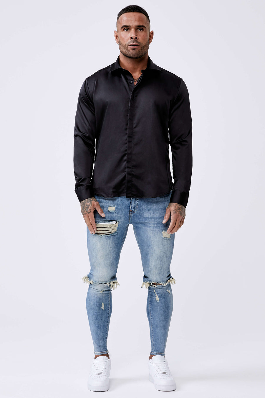 Legend London Long Sleeve Satin Shirt – Black