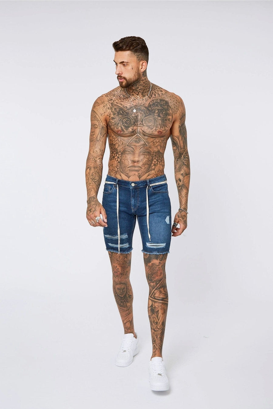 Legend London Shorts Dark Blue Denim Shorts - Ripped & Repaired
