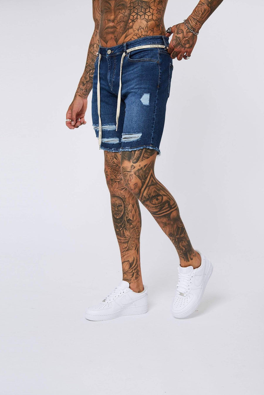 Legend London Shorts Dark Blue Denim Shorts - Ripped & Repaired